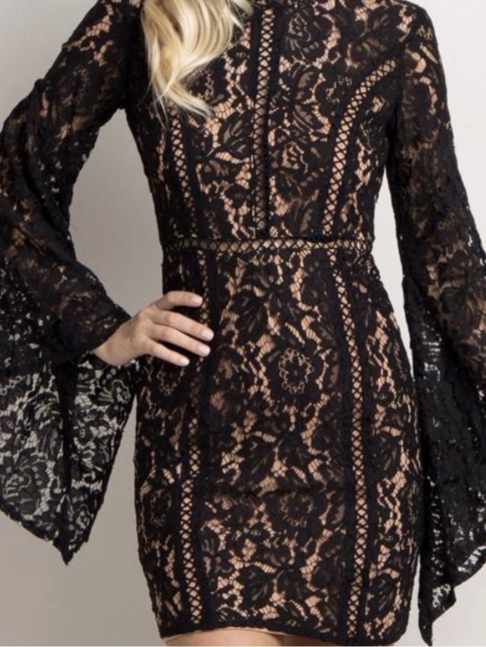 DO+Be Black Lace Overlay Cutout Bell Sleeve Dress